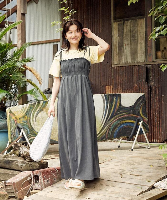 繡花收褶長款連衣裙