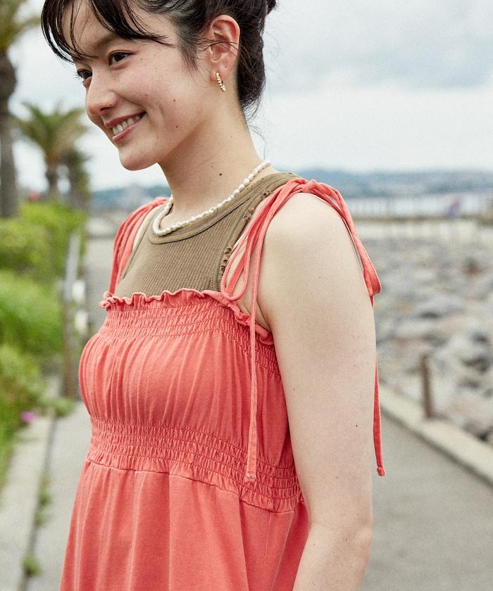 繡花收褶長款連衣裙