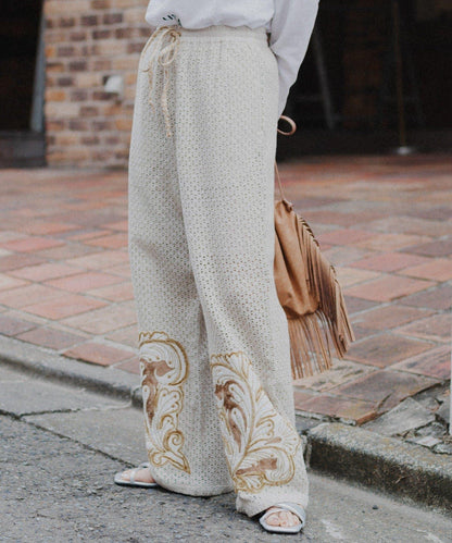 aguni拼接刺繡褲