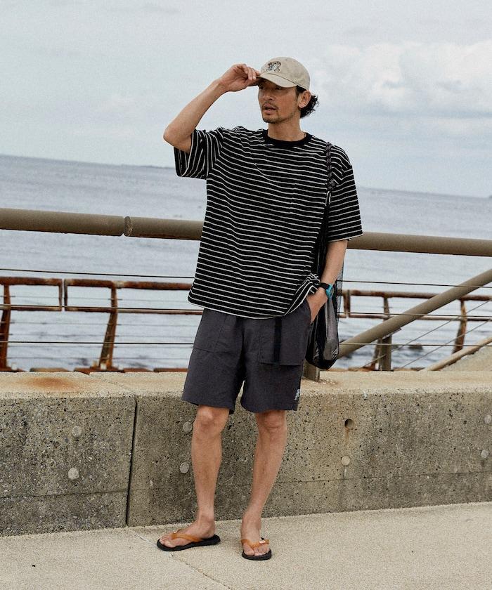 【海灘&節日】多色條紋毛巾 圓領 帶口袋T恤 短袖