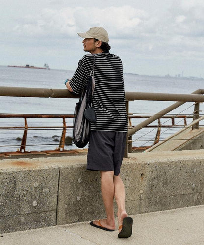 【海灘&節日】多色條紋毛巾 圓領 帶口袋T恤 短袖