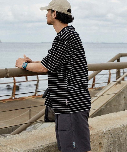 【海灘&節日】多色條紋毛巾 圓領 帶口袋T恤 短袖