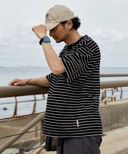 【海灘&節日】多色條紋毛巾 圓領 帶口袋T恤 短袖