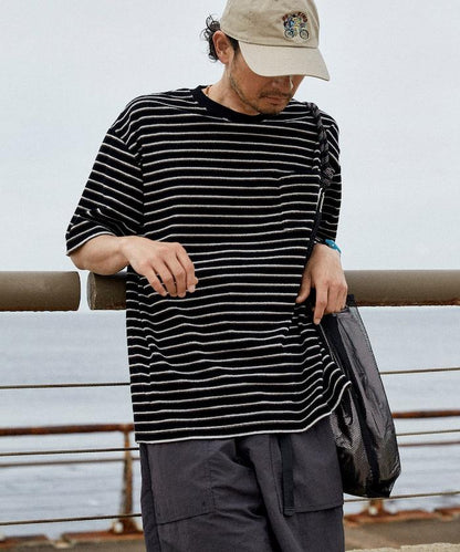 【海灘&節日】多色條紋毛巾 圓領 帶口袋T恤 短袖