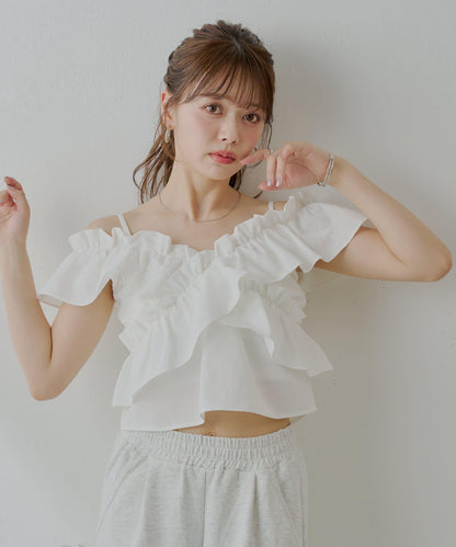 【限定】無袖交叉褶邊設計襯衫