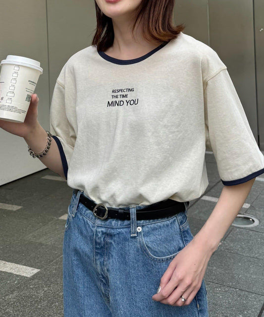 透視細條紋LOGO刺繡環領T恤