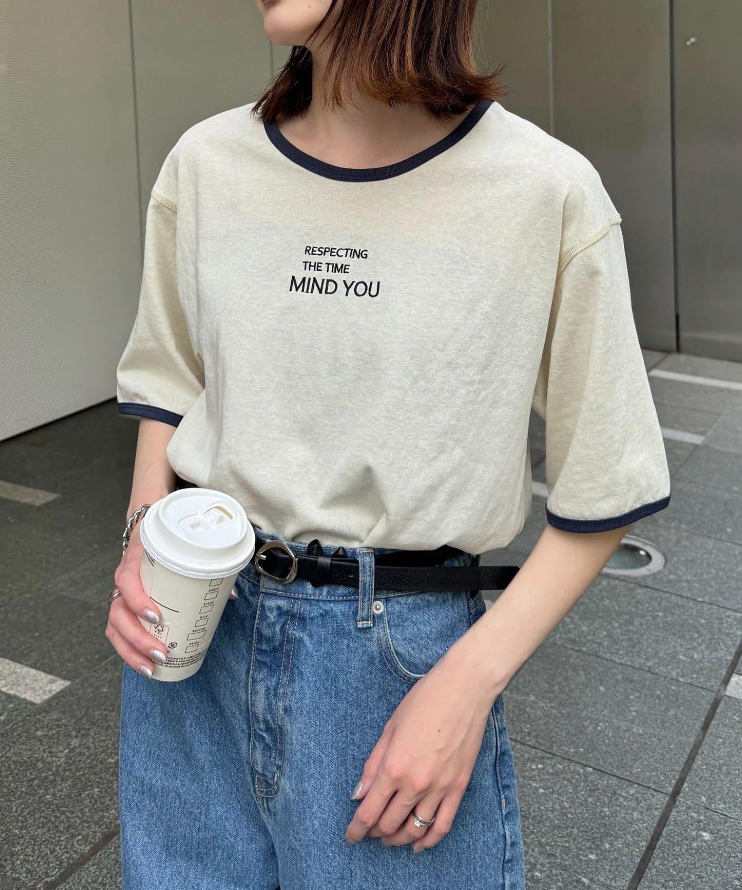透視細條紋LOGO刺繡環領T恤