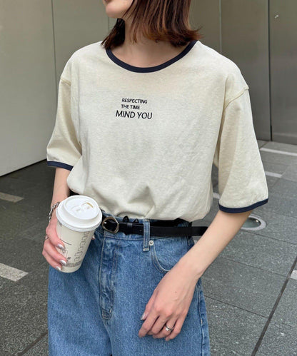 透視細條紋LOGO刺繡環領T恤
