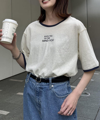 透視細條紋LOGO刺繡環領T恤