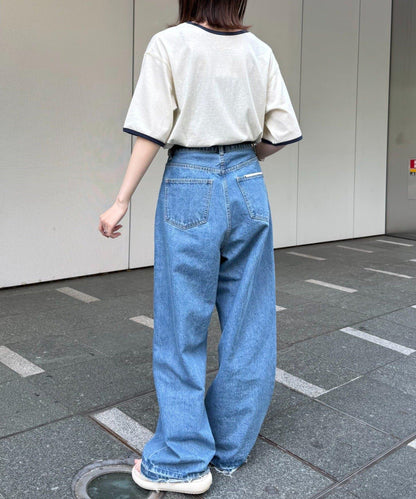 透視細條紋LOGO刺繡環領T恤