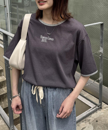 透視細條紋LOGO刺繡環領T恤