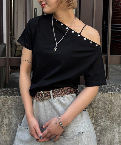 獨一無二單肩裝飾釘珠短袖T恤