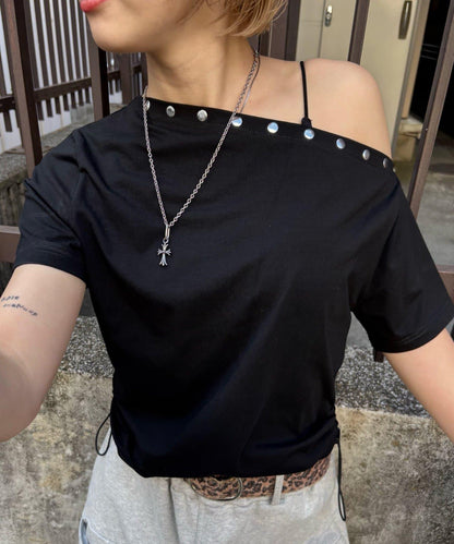 獨一無二單肩裝飾釘珠短袖T恤
