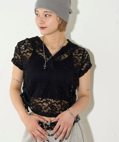 透視亨利領短袖帽衫