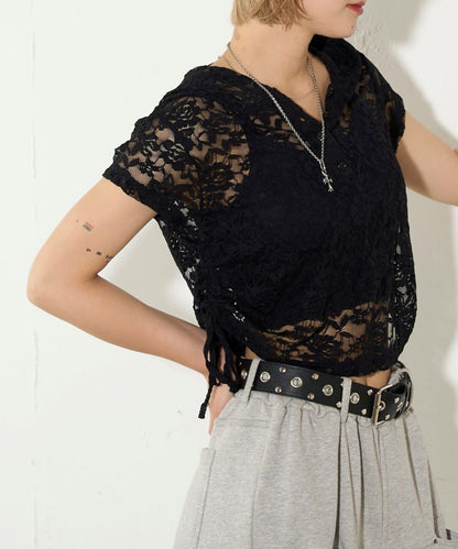 透視亨利領短袖帽衫