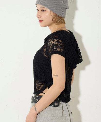 透視亨利領短袖帽衫