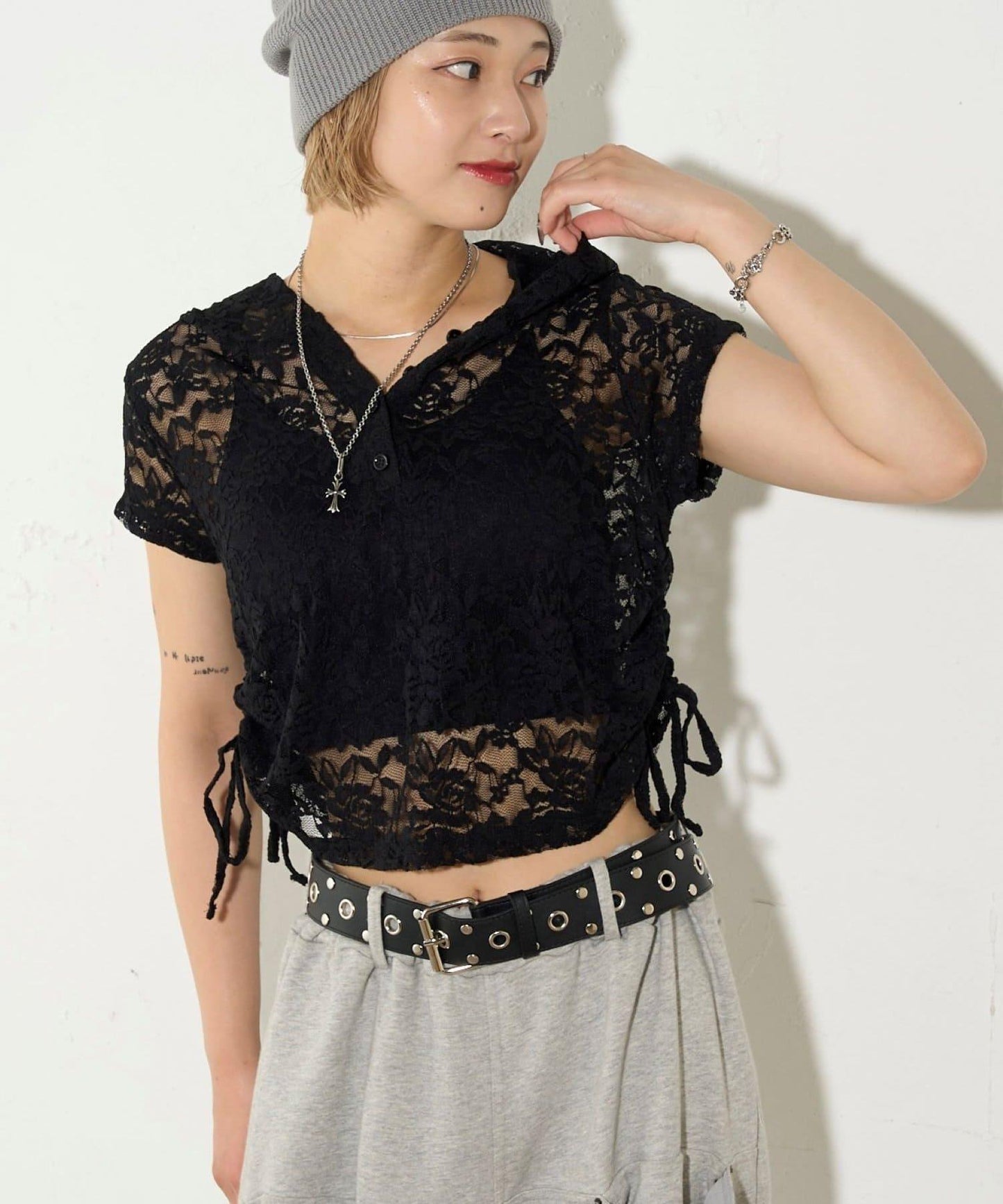 透視亨利領短袖帽衫