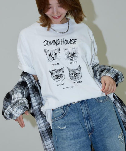 "SOUNDHOUSE" 4只貓 動物印花T恤