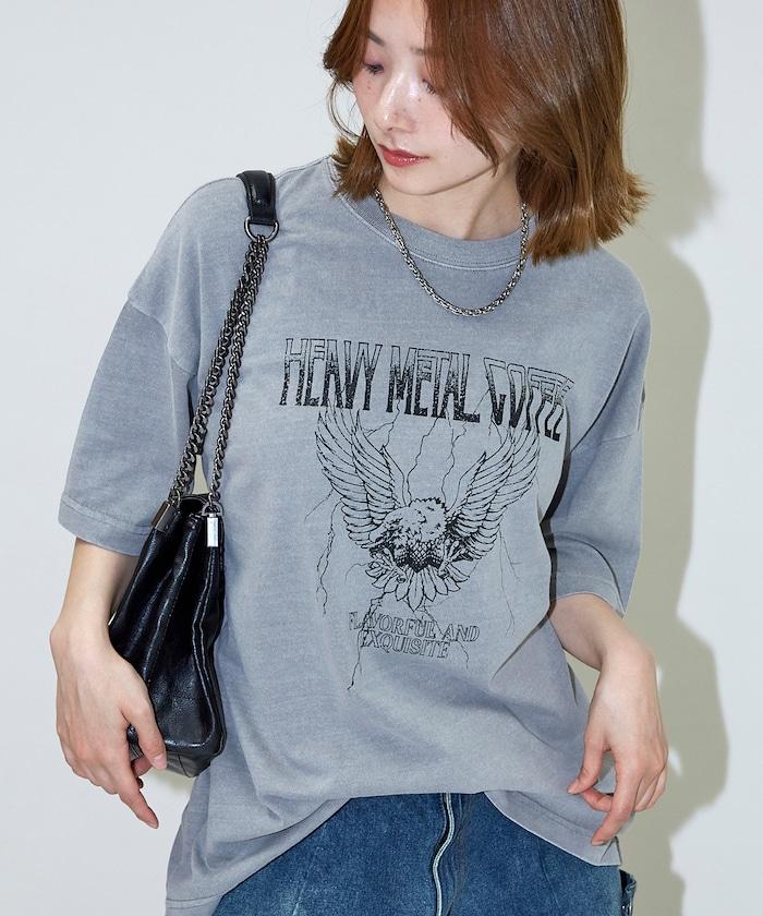 大號剪裁 皮革染色 裂紋印花 圓領T恤 / 重金屬咖啡 【限定推出】