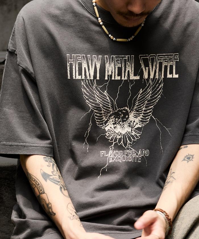 大號剪裁 皮革染色 裂紋印花 圓領T恤 / 重金屬咖啡 【限定推出】