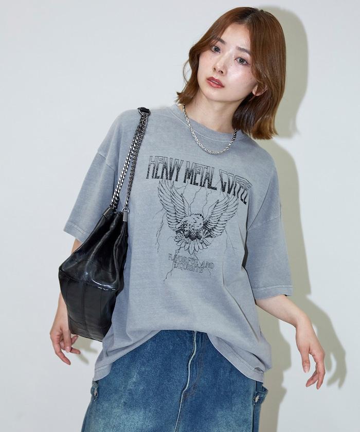 大號剪裁 皮革染色 裂紋印花 圓領T恤 / 重金屬咖啡 【限定推出】