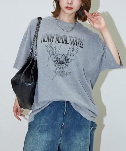 大號剪裁 皮革染色 裂紋印花 圓領T恤 / 重金屬咖啡 【限定推出】