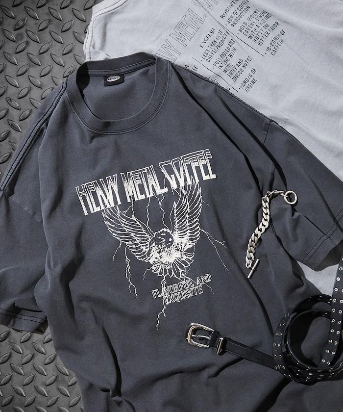 大號剪裁 皮革染色 裂紋印花 圓領T恤 / 重金屬咖啡 【限定推出】