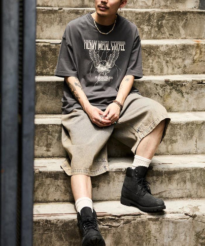 大號剪裁 皮革染色 裂紋印花 圓領T恤 / 重金屬咖啡 【限定推出】