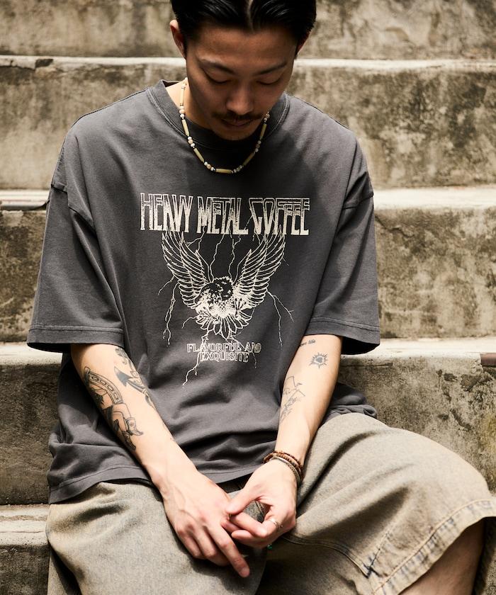 大號剪裁 皮革染色 裂紋印花 圓領T恤 / 重金屬咖啡 【限定推出】