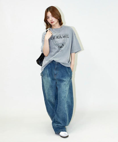 大號剪裁 皮革染色 裂紋印花 圓領T恤 / 重金屬咖啡 【限定推出】