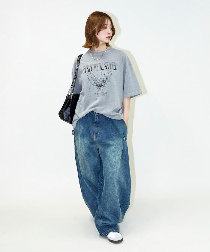 大號剪裁 皮革染色 裂紋印花 圓領T恤 / 重金屬咖啡 【限定推出】