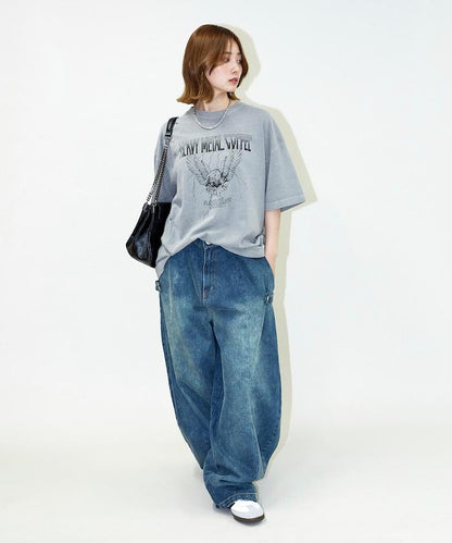 大號剪裁 皮革染色 裂紋印花 圓領T恤 / 重金屬咖啡 【限定推出】