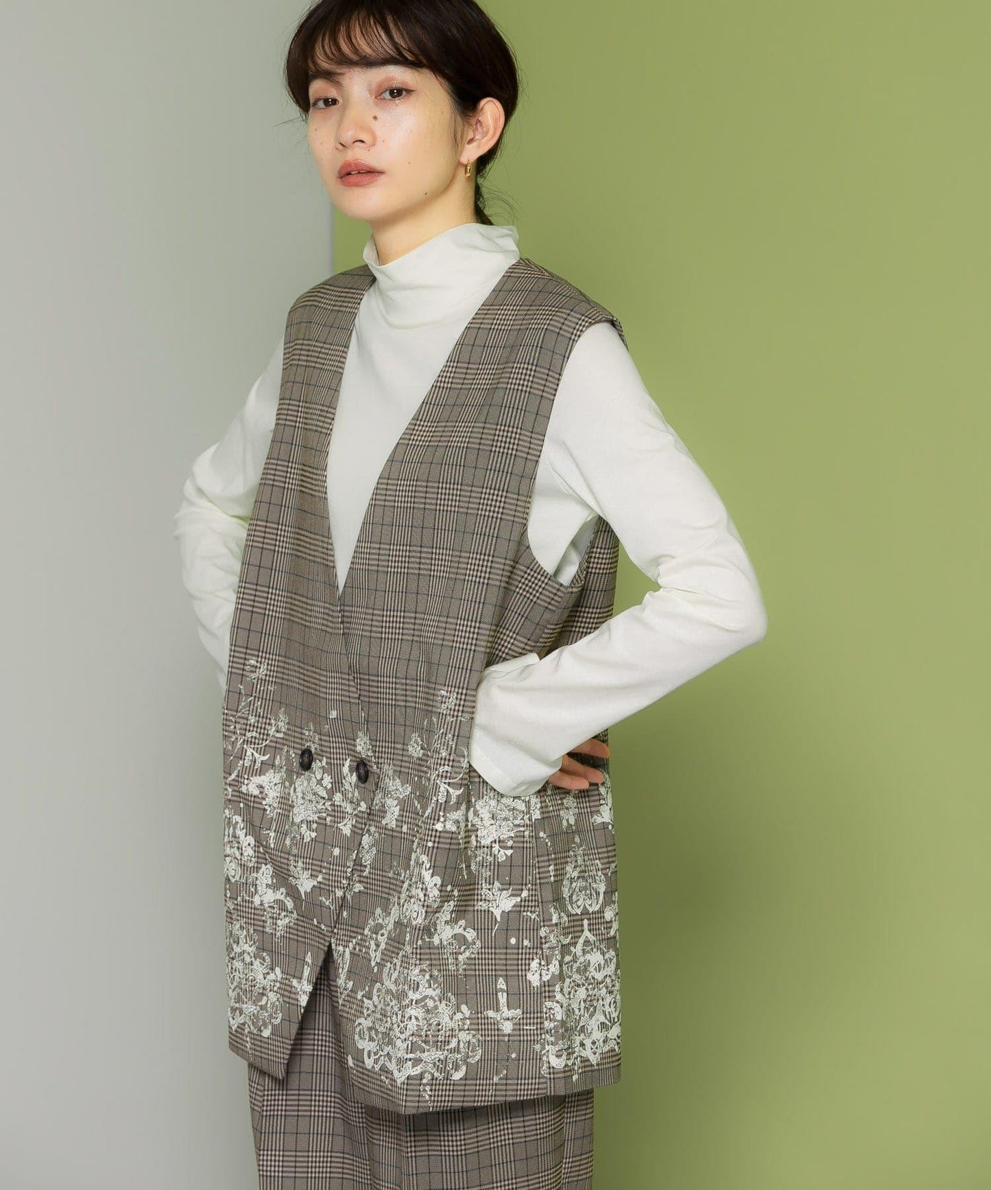 蕾絲印花格紋背心