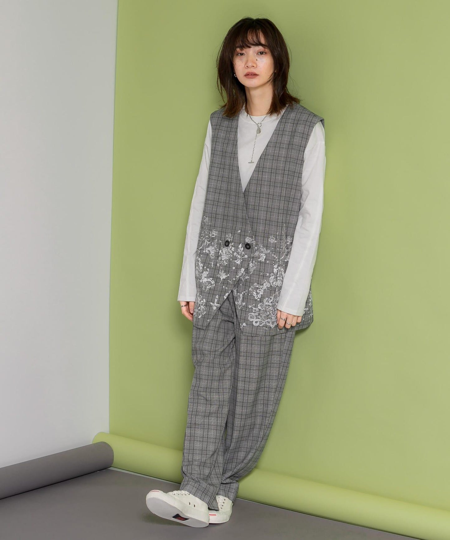 蕾絲印花格紋背心