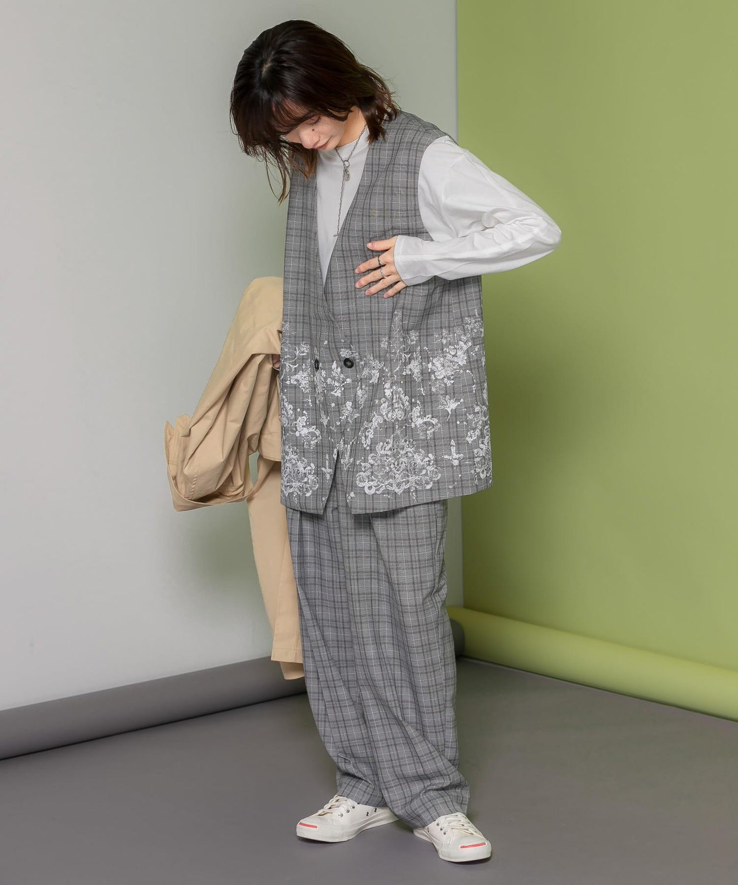 蕾絲印花格紋背心