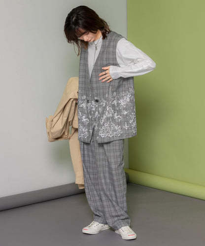 蕾絲印花格紋背心