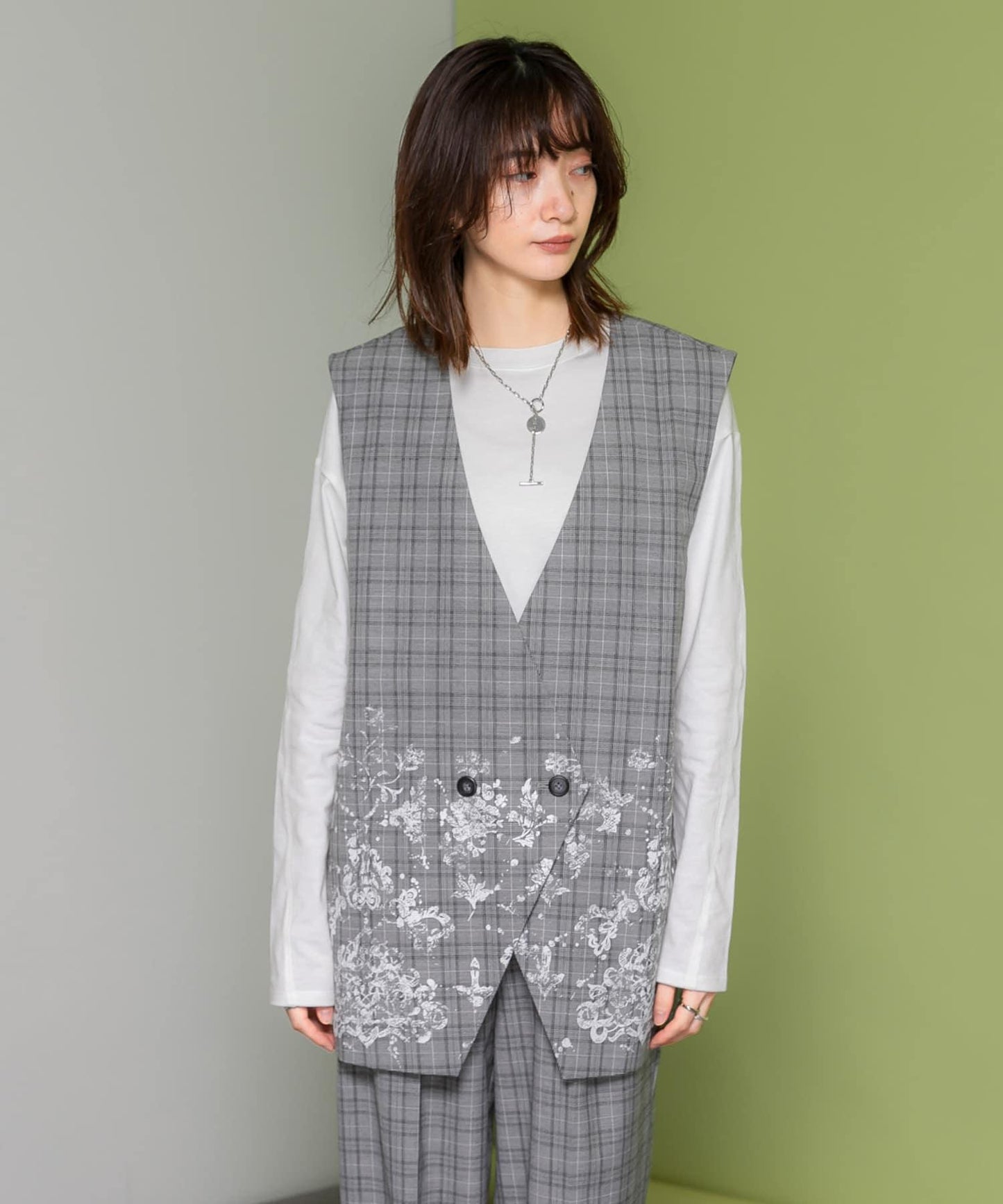 蕾絲印花格紋背心