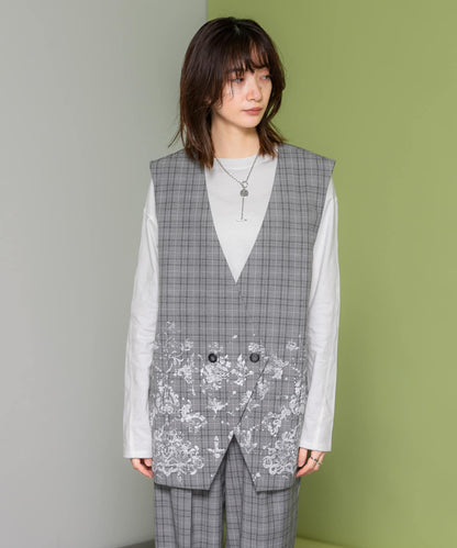 蕾絲印花格紋背心