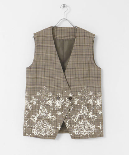 蕾絲印花格紋背心