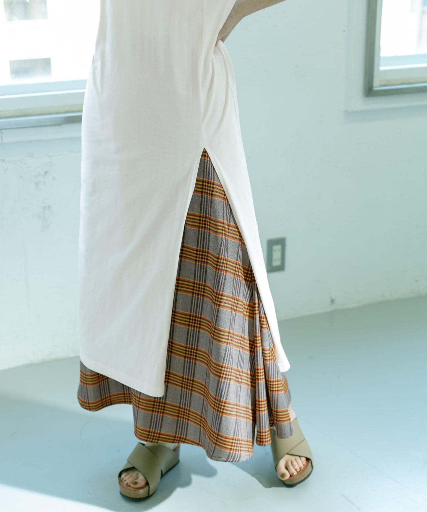 格紋高腰喇叭長裙