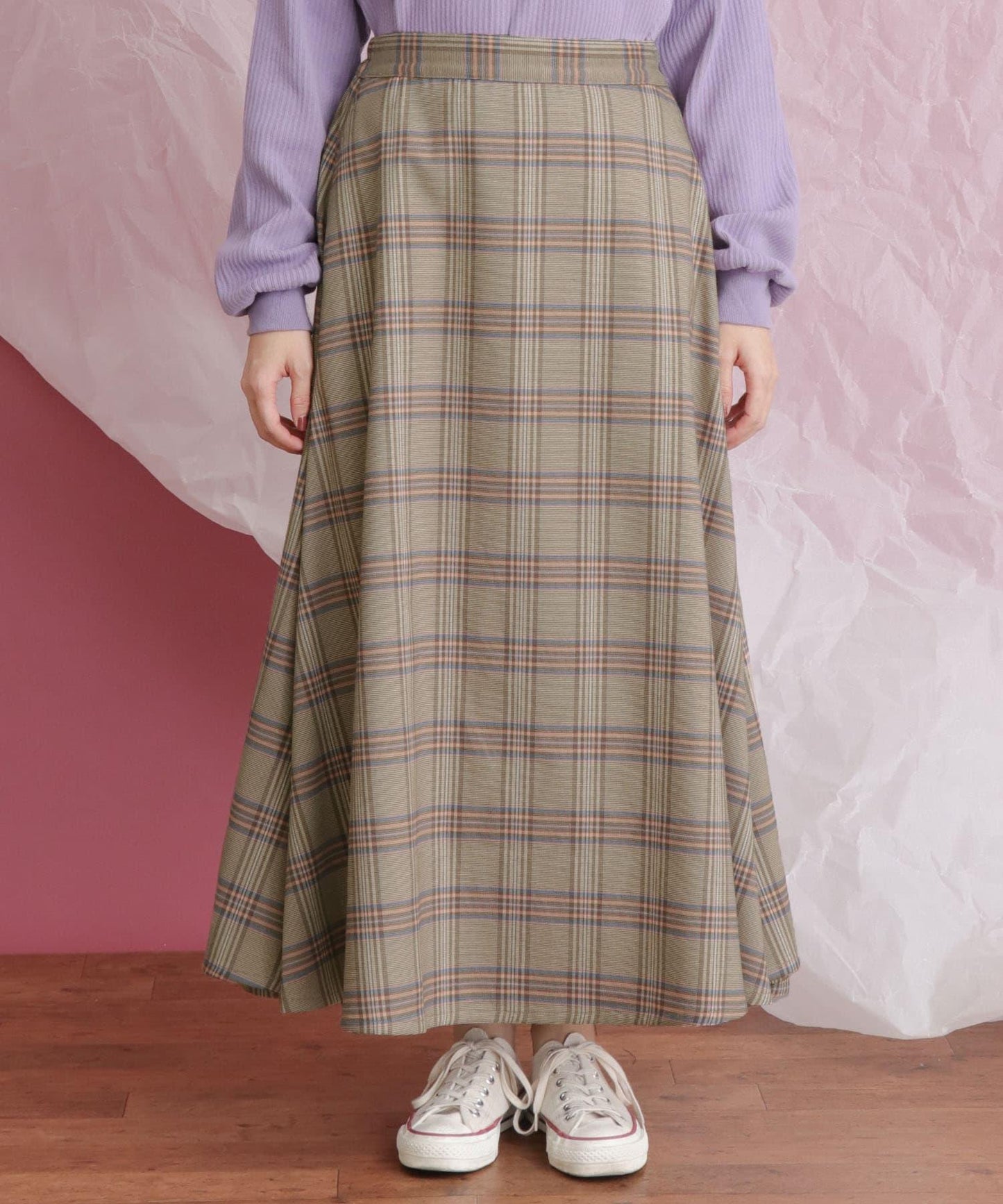 格紋高腰喇叭長裙