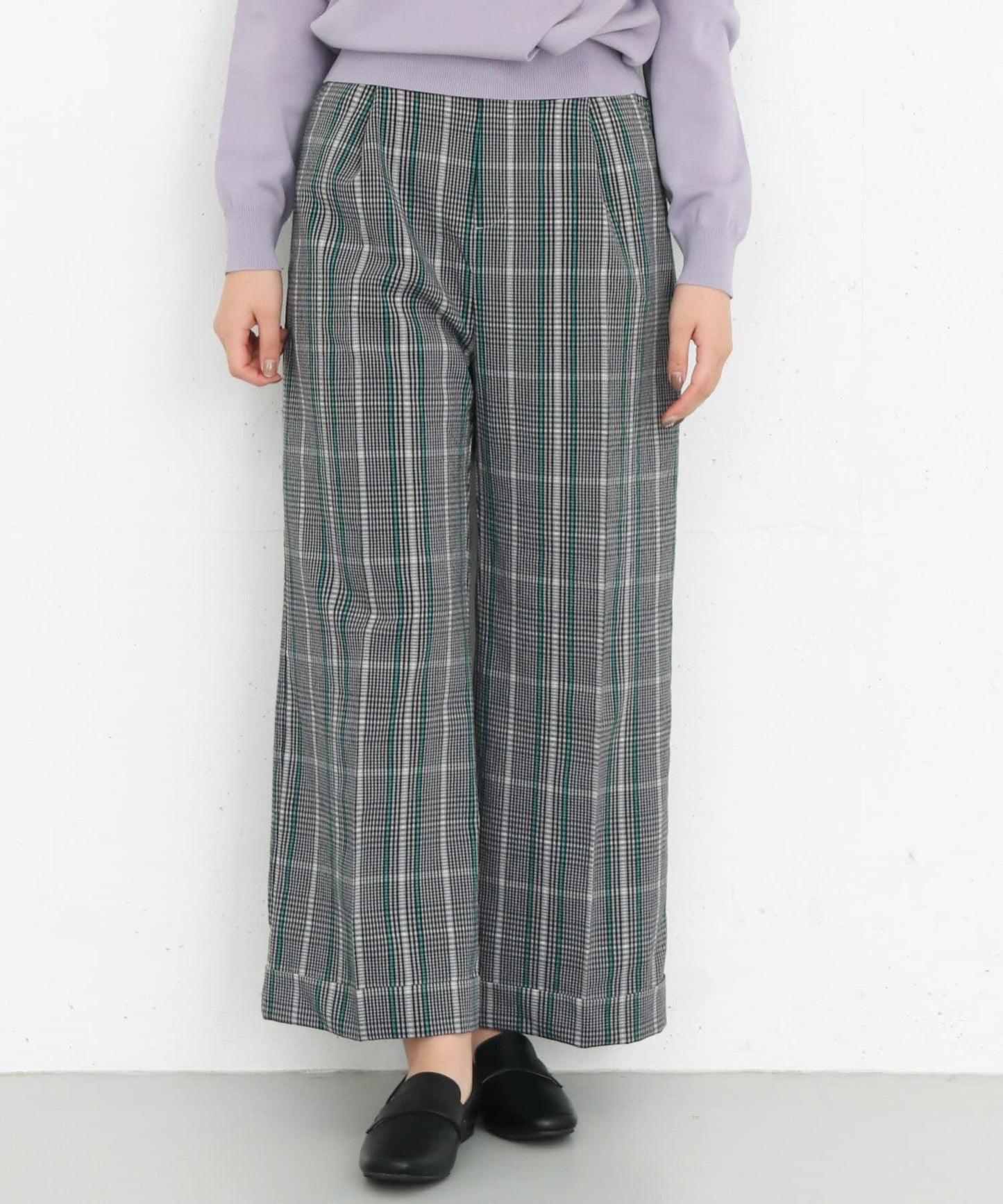 翻邊格紋長褲