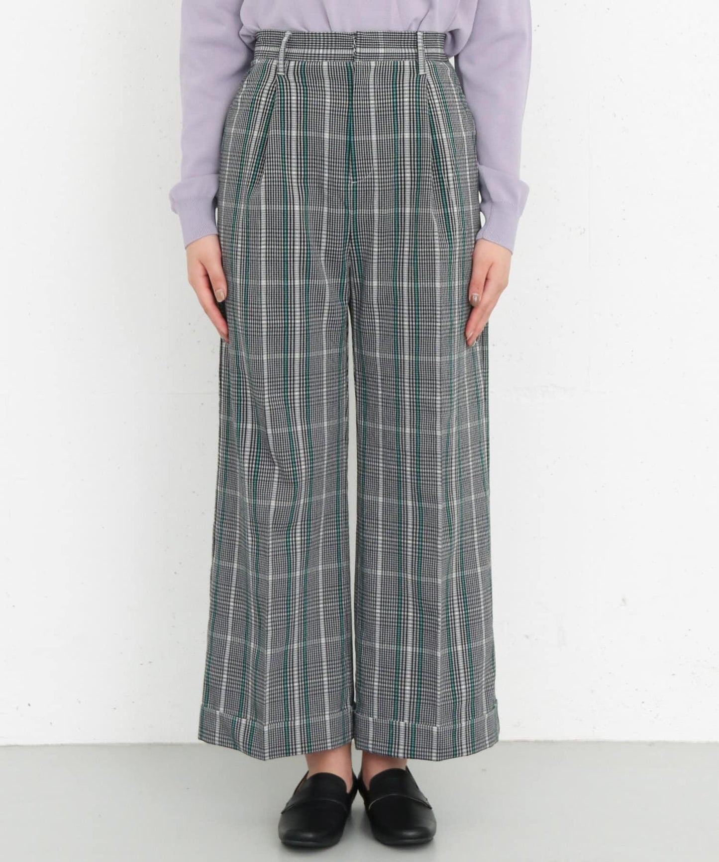 翻邊格紋長褲