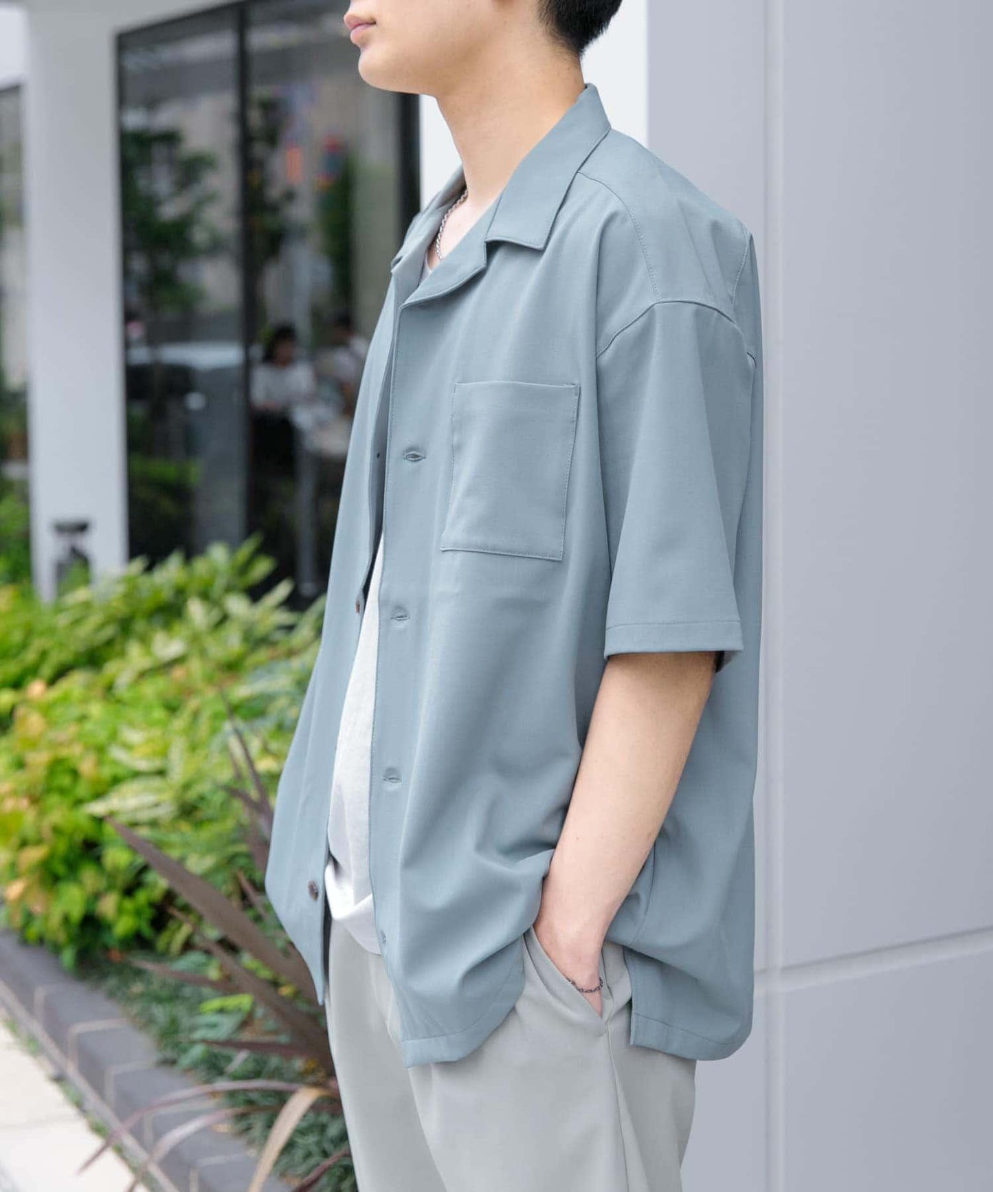 中性款開領寬鬆襯衫（五分袖）
