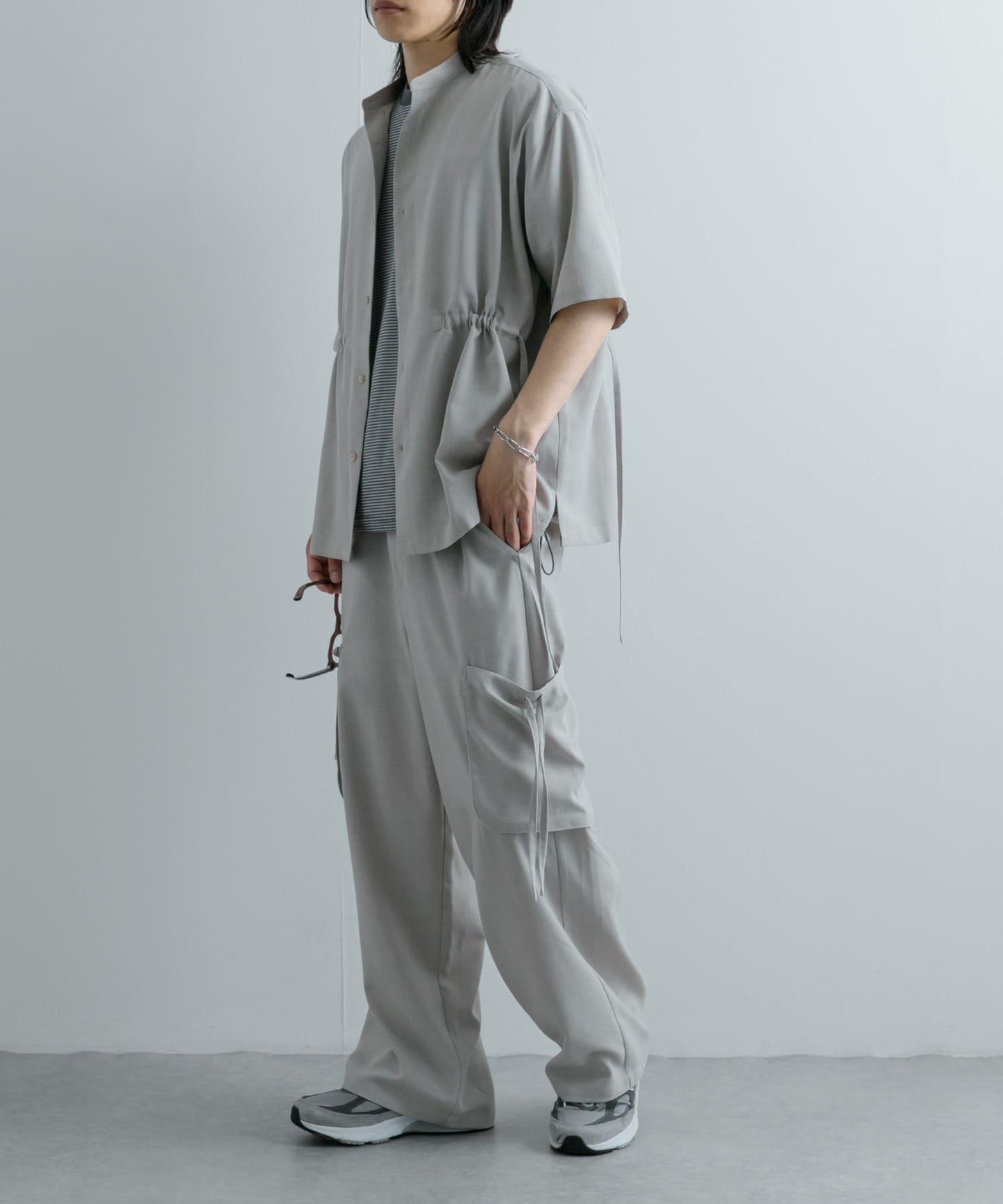 「套裝可搭配」亞麻感側袋寬鬆長褲