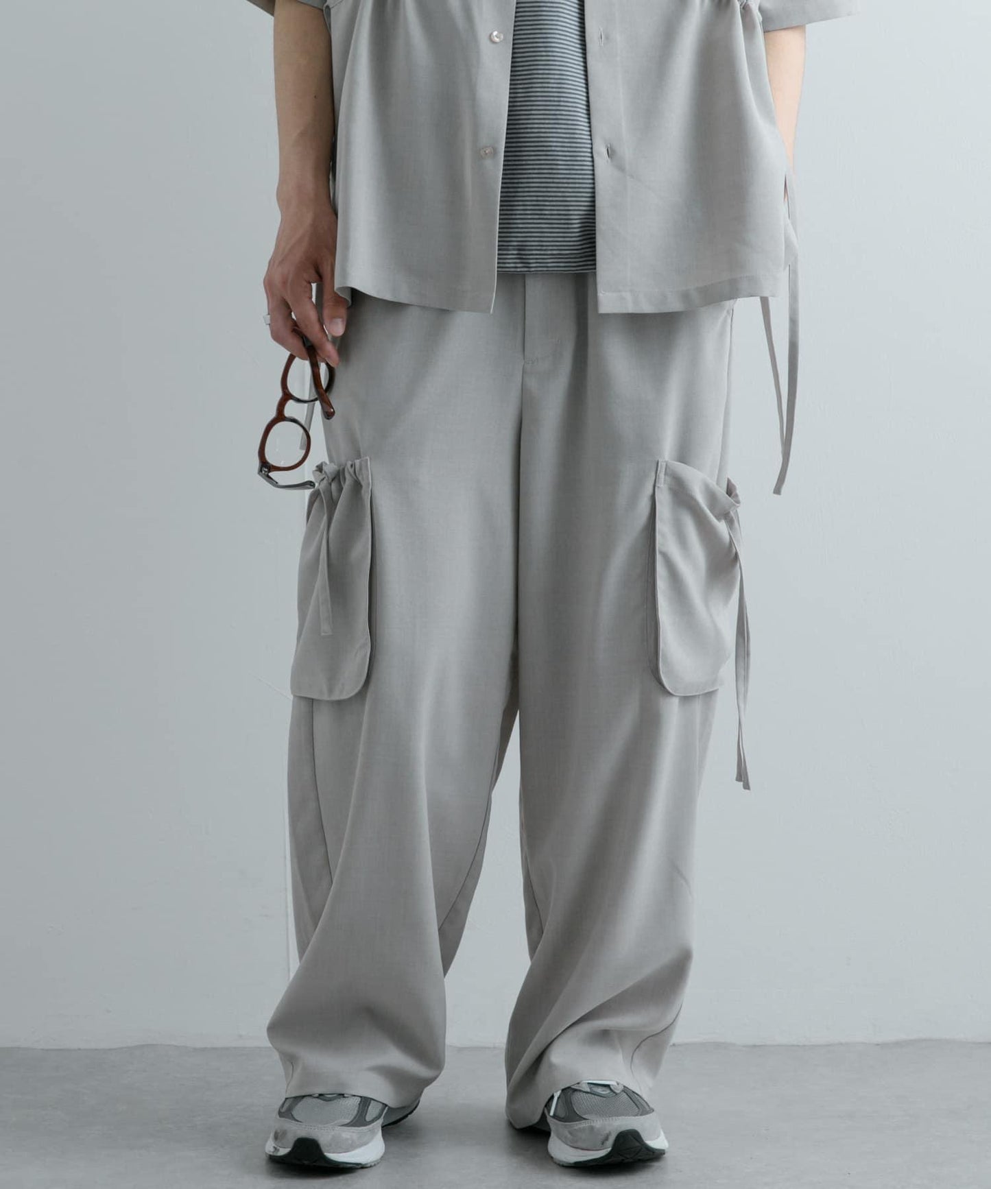 「套裝可搭配」亞麻感側袋寬鬆長褲