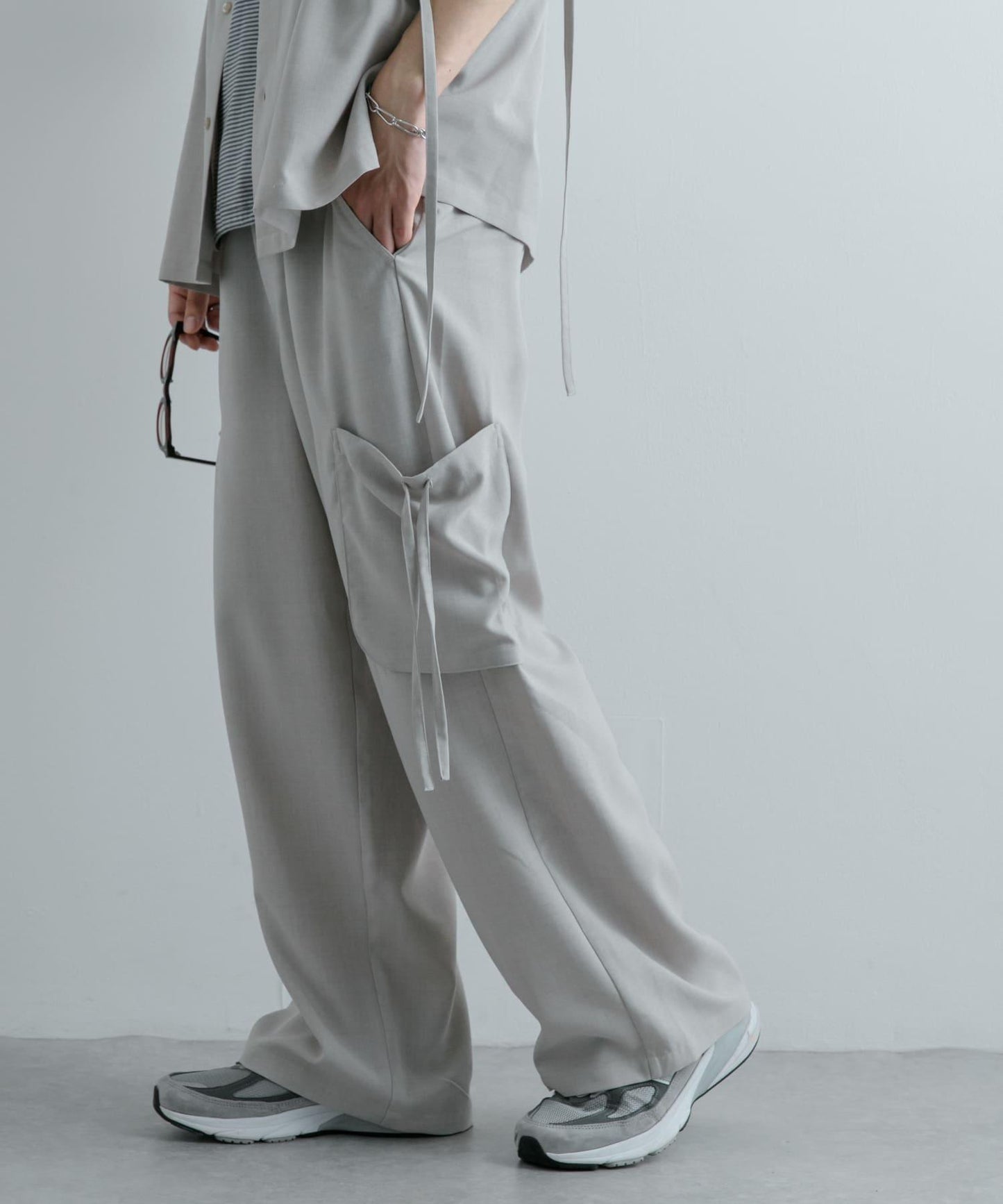 「套裝可搭配」亞麻感側袋寬鬆長褲