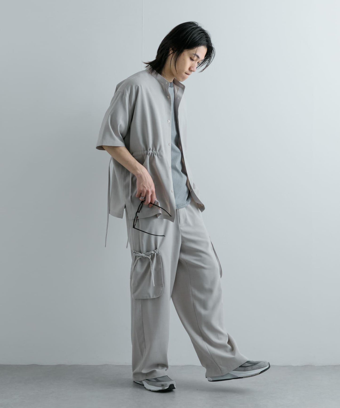 「套裝可搭配」亞麻感側袋寬鬆長褲