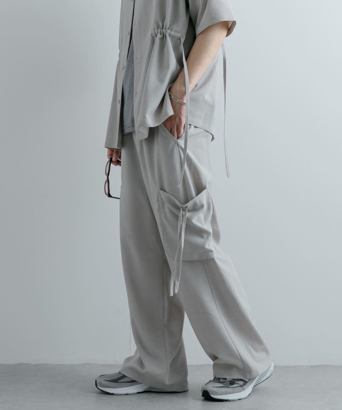 「套裝可搭配」亞麻感側袋寬鬆長褲