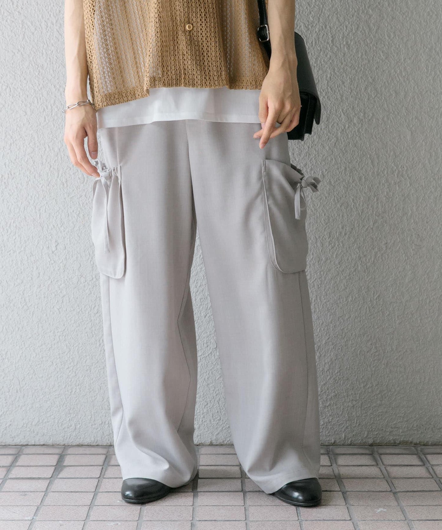 「套裝可搭配」亞麻感側袋寬鬆長褲